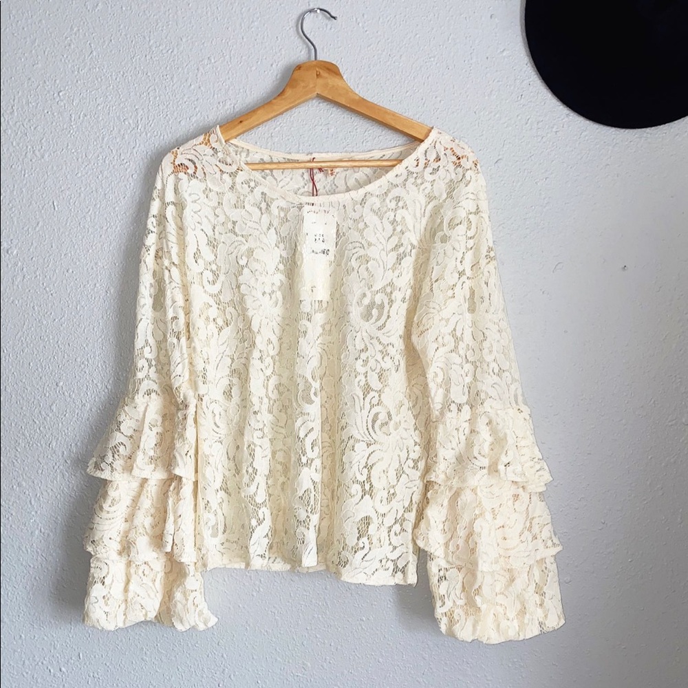 Women's Cream Lace Ruffle Sleeve Top